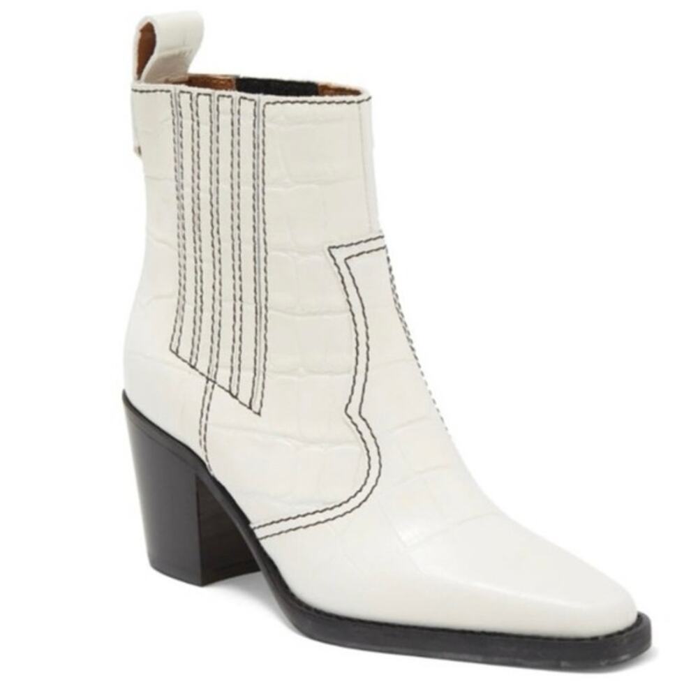 GANNI Callie White Croc Embossed Leather Western Ankle Boots Size 39